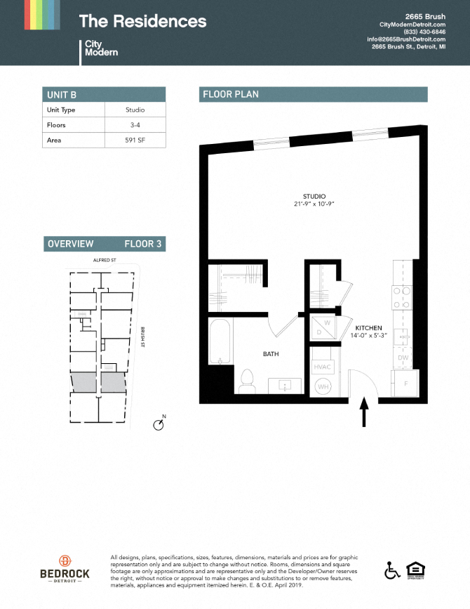 Floor plan for studio, 1 bath, 591 sqft
